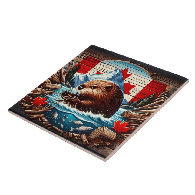 Canadian Beaver Bygger en damm i höstfloden Kakelplatta (Sidan)