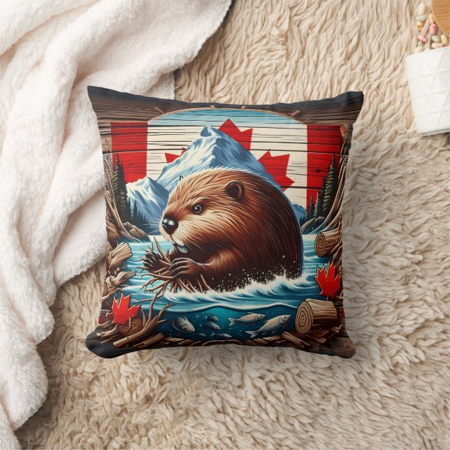 Canadian Beaver Bygger en damm i höstfloden Kudde (Filt)