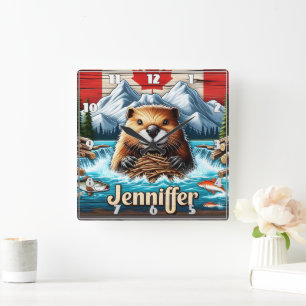 Canadian Beaver Bygger en damm i Mountain Stream Fyrkantig Klocka