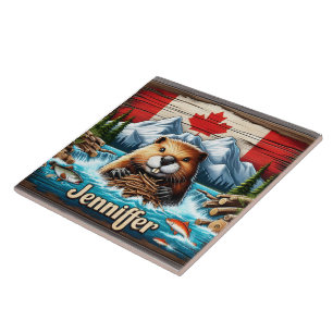 Canadian Beaver Bygger en damm i Mountain Stream Kakelplatta