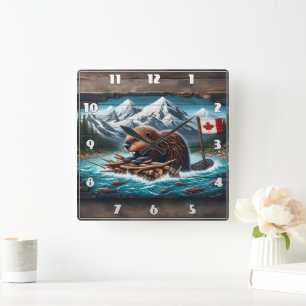 Canadian Beaver Bygger en Lodge Fyrkantig Klocka