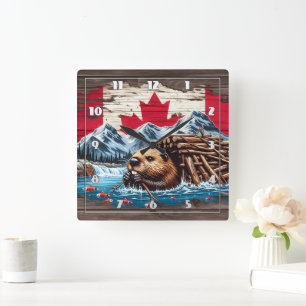 Canadian Beaver Bygger sitt lodge vid Vatten Fyrkantig Klocka