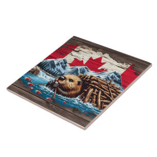 Canadian Beaver Bygger sitt lodge vid Vatten Kakelplatta