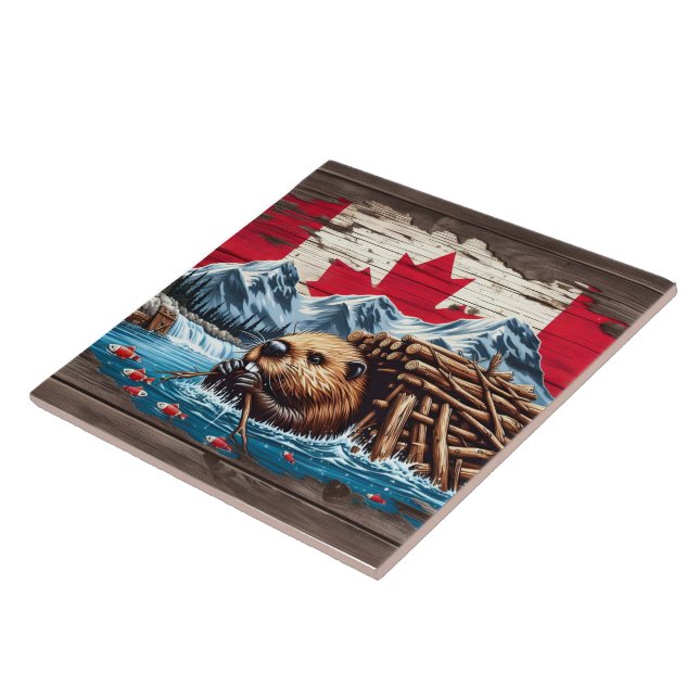 Canadian Beaver Bygger sitt lodge vid Vatten Kakelplatta (Sidan)