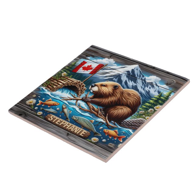 Canadian Beaver Byggnad Dam Near Mountain Stream Kakelplatta (Sidan)