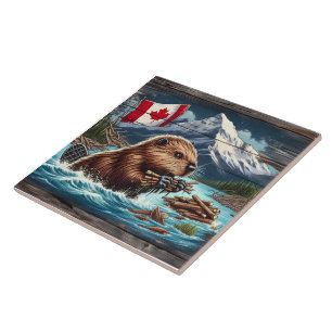 Canadian Beaver Collating Sticks nära bergen Kakelplatta