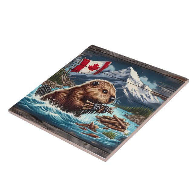 Canadian Beaver Collating Sticks nära bergen Kakelplatta (Sidan)
