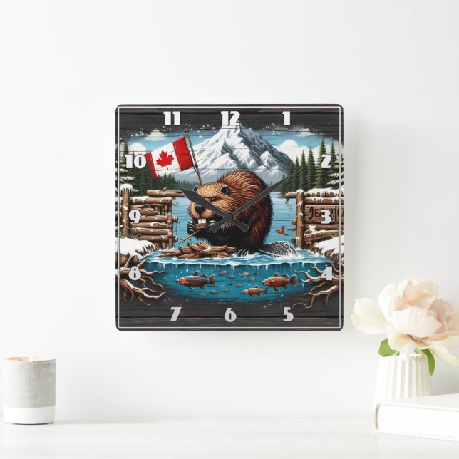 Canadian Beaver, Flagga, Mountain, Ocean Fyrkantig Klocka (Hem)
