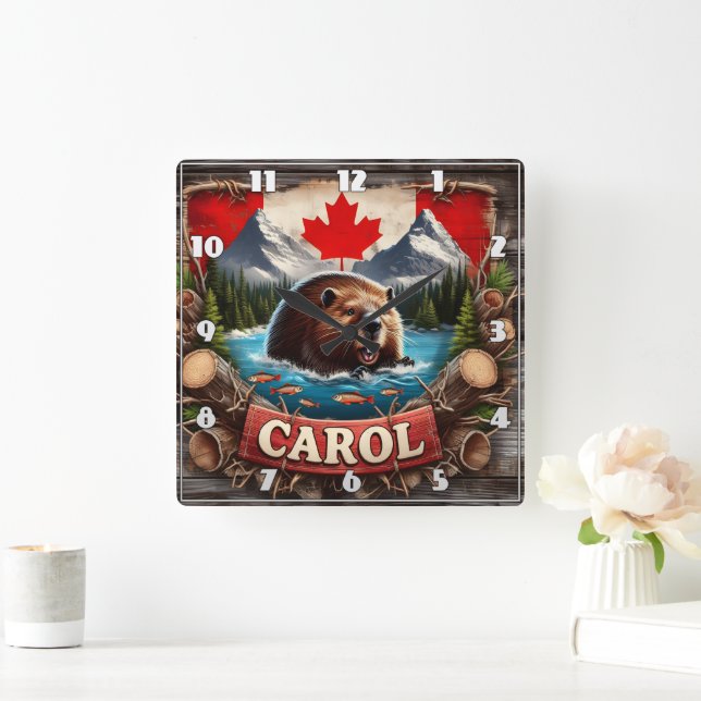 Canadian Beaver, Flagga, Mountain View Fyrkantig Klocka (Hem)