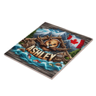 Canadian Beaver Holding Grenar av Riverbank Kakelplatta