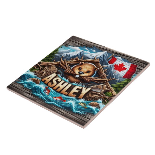 Canadian Beaver Holding Grenar av Riverbank Kakelplatta (Sidan)