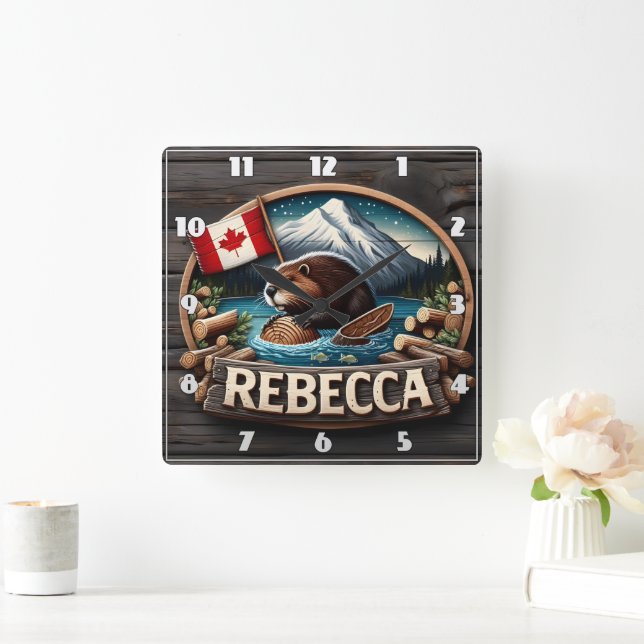 Canadian Beaver Holding Log av Canadian Flagga Fyrkantig Klocka (Hem)