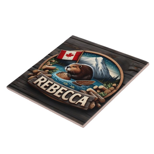 Canadian Beaver Holding Log av Canadian Flagga Kakelplatta (Sidan)
