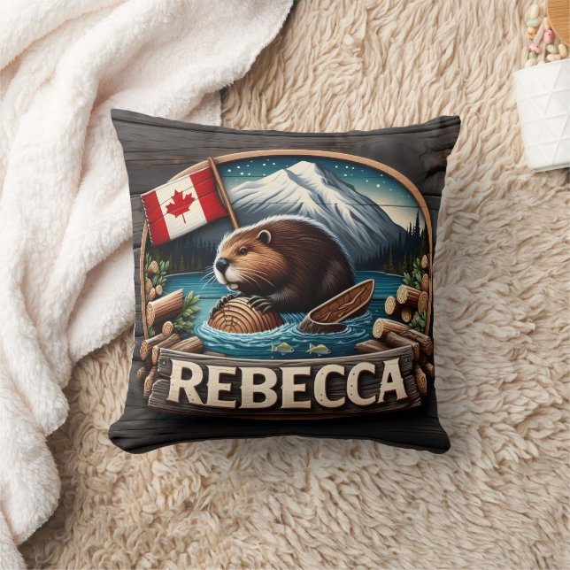 Canadian Beaver Holding Log av Canadian Flagga Kudde (Filt)