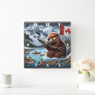 Canadian Beaver Holding Sticks by a Sjö Fyrkantig Klocka