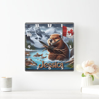 Canadian Beaver Holding Sticks by a Sjö Fyrkantig Klocka