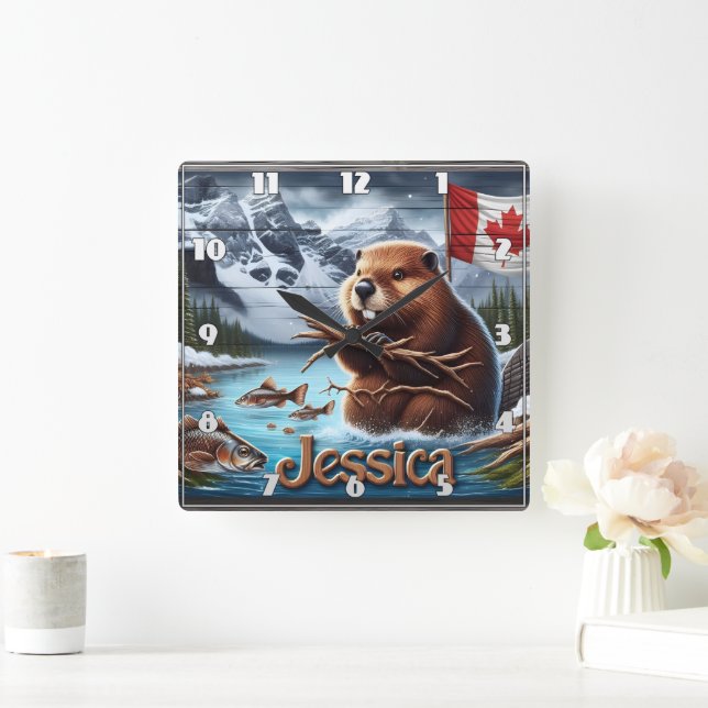 Canadian Beaver Holding Sticks by a Sjö Fyrkantig Klocka (Hem)