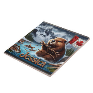 Canadian Beaver Holding Sticks by a Sjö Kakelplatta