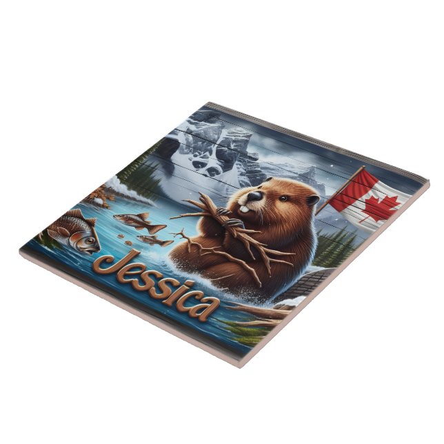 Canadian Beaver Holding Sticks by a Sjö Kakelplatta (Sidan)