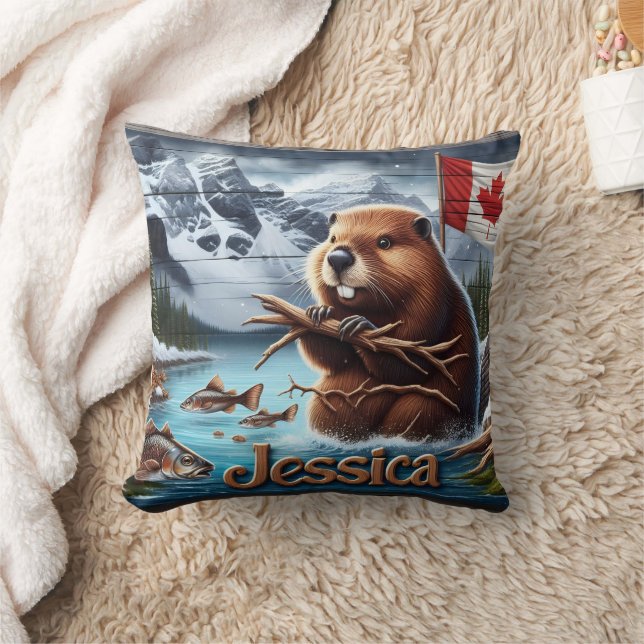 Canadian Beaver Holding Sticks by a Sjö Kudde (Filt)