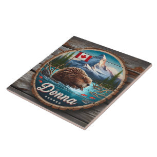 Canadian Beaver in Forest Pond With Mountains Kakelplatta