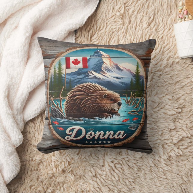 Canadian Beaver in Forest Pond With Mountains Kudde (Filt)