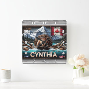 Canadian Beaver in Front Mountains and Flagga Fyrkantig Klocka