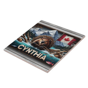 Canadian Beaver in Front Mountains and Flagga Kakelplatta