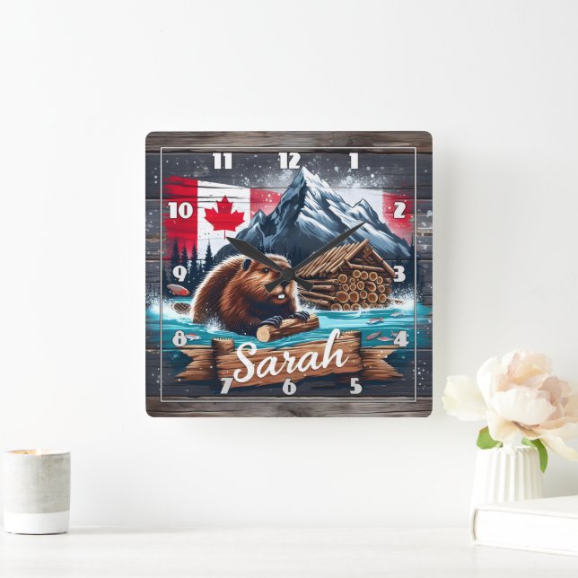 Canadian Beaver in Vatten with Logs nära bergen Fyrkantig Klocka (Hem)