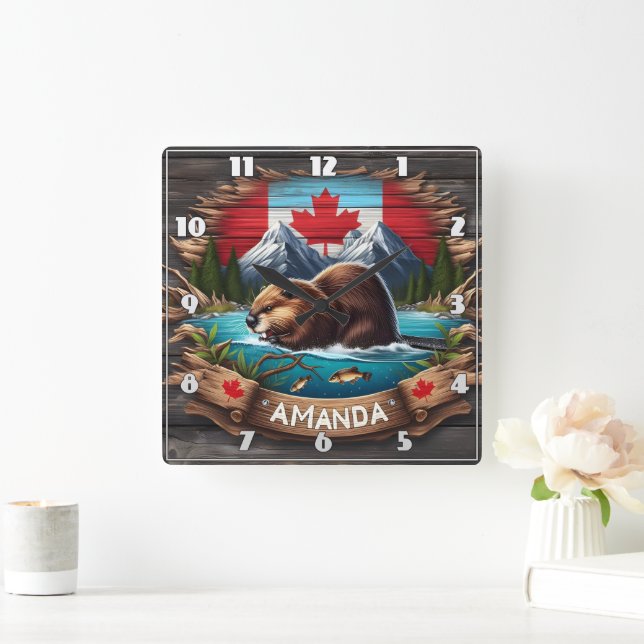 Canadian Beaver nära bergen och Maple Löv Fyrkantig Klocka (Hem)