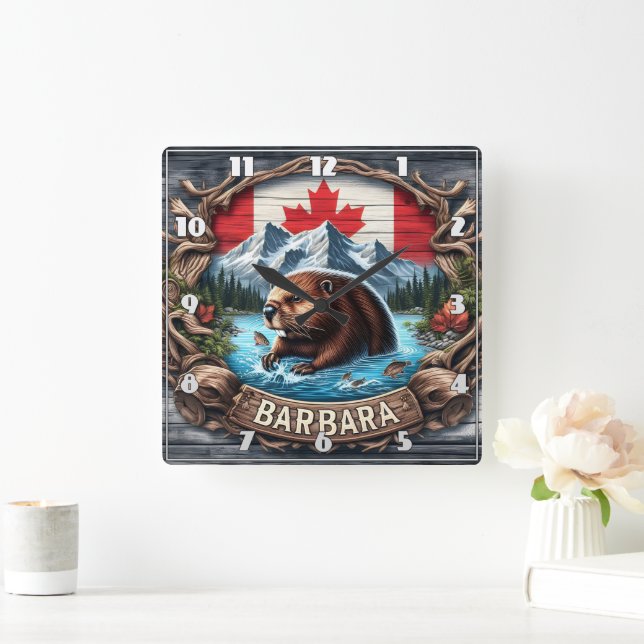 Canadian Beaver nära bergen och Maple Löv Fyrkantig Klocka (Hem)
