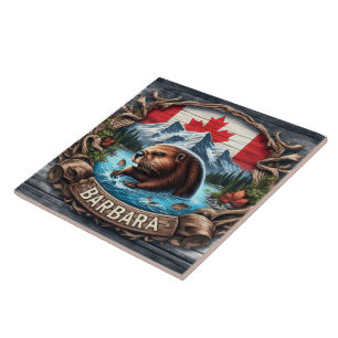 Canadian Beaver nära bergen och Maple Löv Kakelplatta