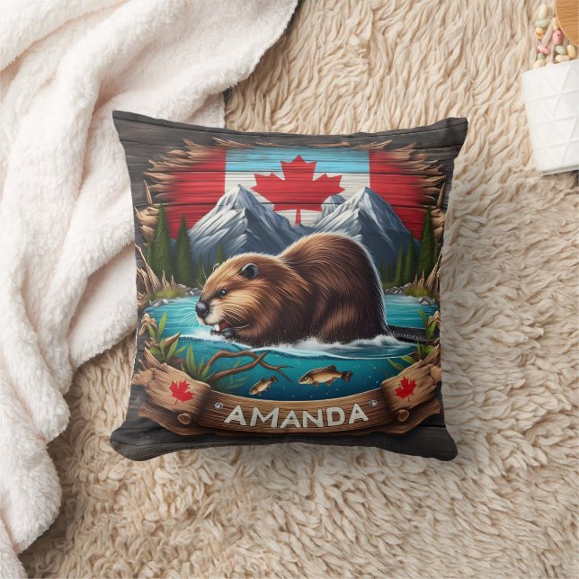 Canadian Beaver nära bergen och Maple Löv Kudde (Filt)
