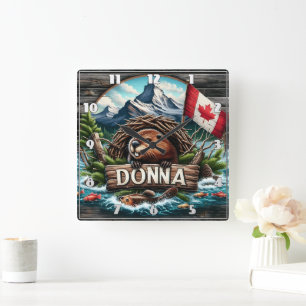 Canadian Beaver nära Sjö med Rocky mountains Fyrkantig Klocka