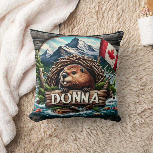 Canadian Beaver nära Sjö med Rocky mountains Kudde (Filt)