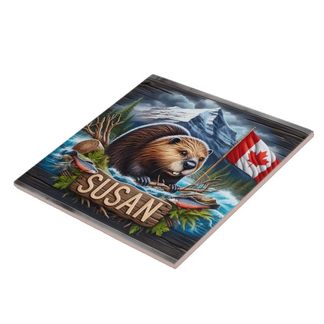 Canadian Beaver nära Vatten med Maple Löv Flagga Kakelplatta (Sidan)