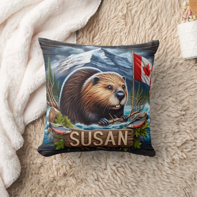 Canadian Beaver nära Vatten med Maple Löv Flagga Kudde (Filt)