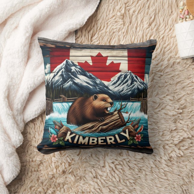 Canadian Beaver Near Waterfall i Kimberly Area Kudde (Filt)