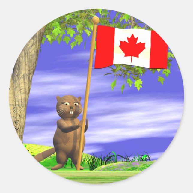 Canadian Beaver och Flagga Runt Klistermärke (Framsida)