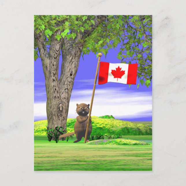 Canadian Beaver och Flagga Vykort (Framsida)