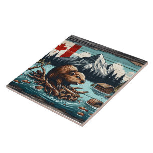 Canadian Beaver on a Log by Sjö With Mountains Kakelplatta