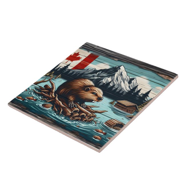Canadian Beaver on a Log by Sjö With Mountains Kakelplatta (Sidan)