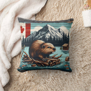 Canadian Beaver on a Log by Sjö With Mountains Kudde