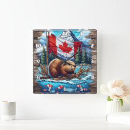 Canadian Beaver on Sjö With Canadian Flagga Fyrkantig Klocka