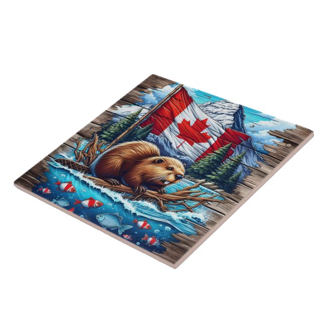Canadian Beaver on Sjö With Canadian Flagga Kakelplatta (Sidan)