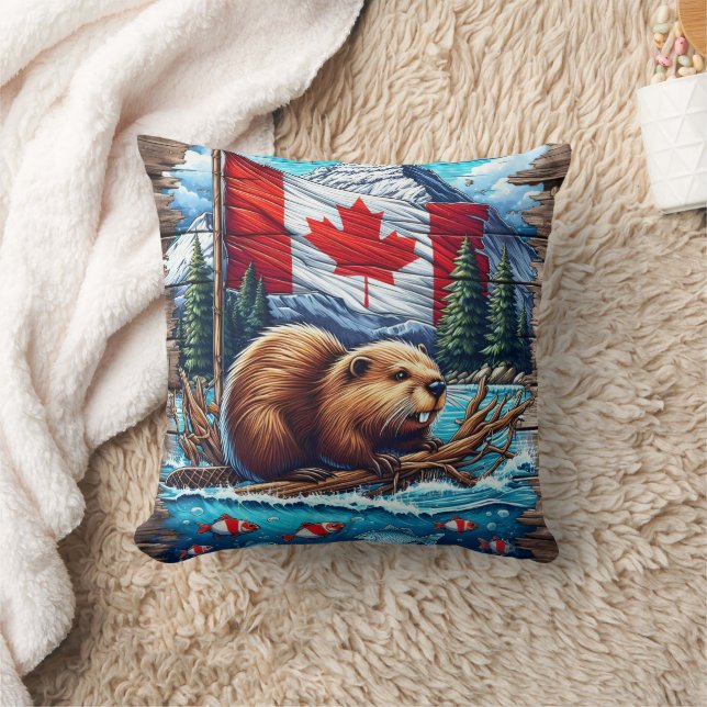 Canadian Beaver on Sjö With Canadian Flagga Kudde (Filt)
