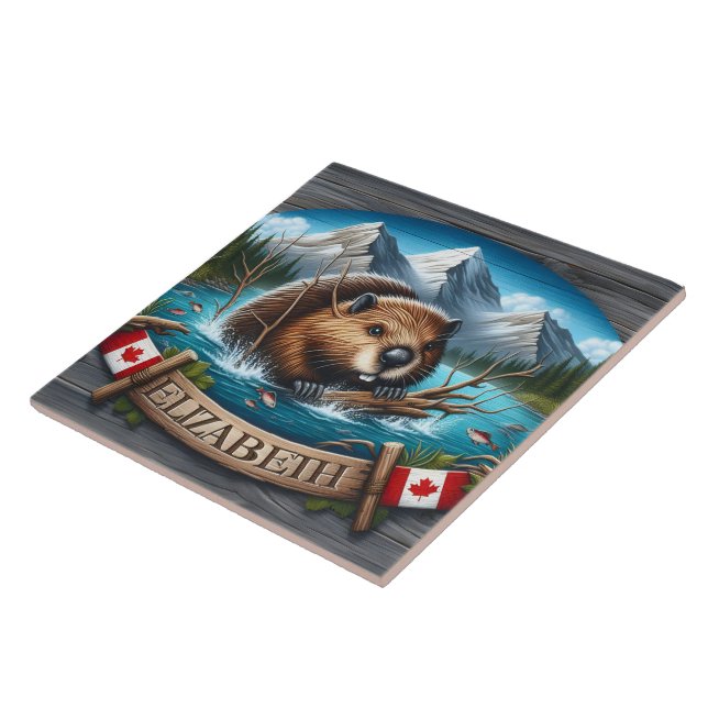 Canadian Beaver Swimming i Mountain Sjö Kakelplatta (Sidan)