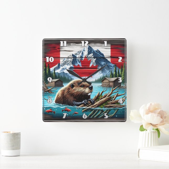 Canadian Beaver Swimming nära Rustic Cabins Fyrkantig Klocka (Hem)