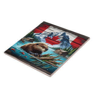 Canadian Beaver Swimming nära Rustic Cabins Kakelplatta