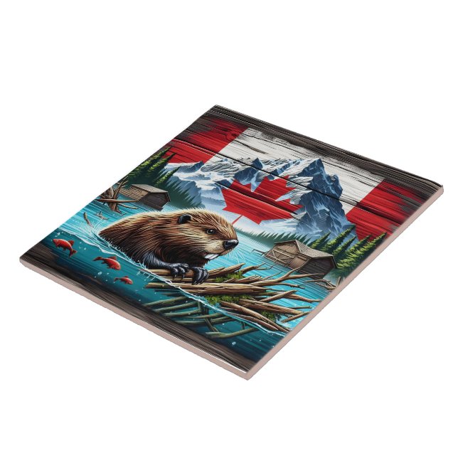 Canadian Beaver Swimming nära Rustic Cabins Kakelplatta (Sidan)